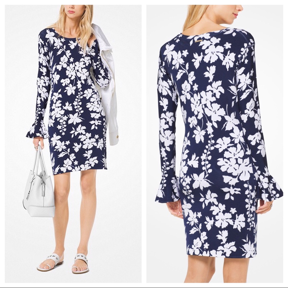 MK Floral Stretch-Viscose Bell Sleeve Dress